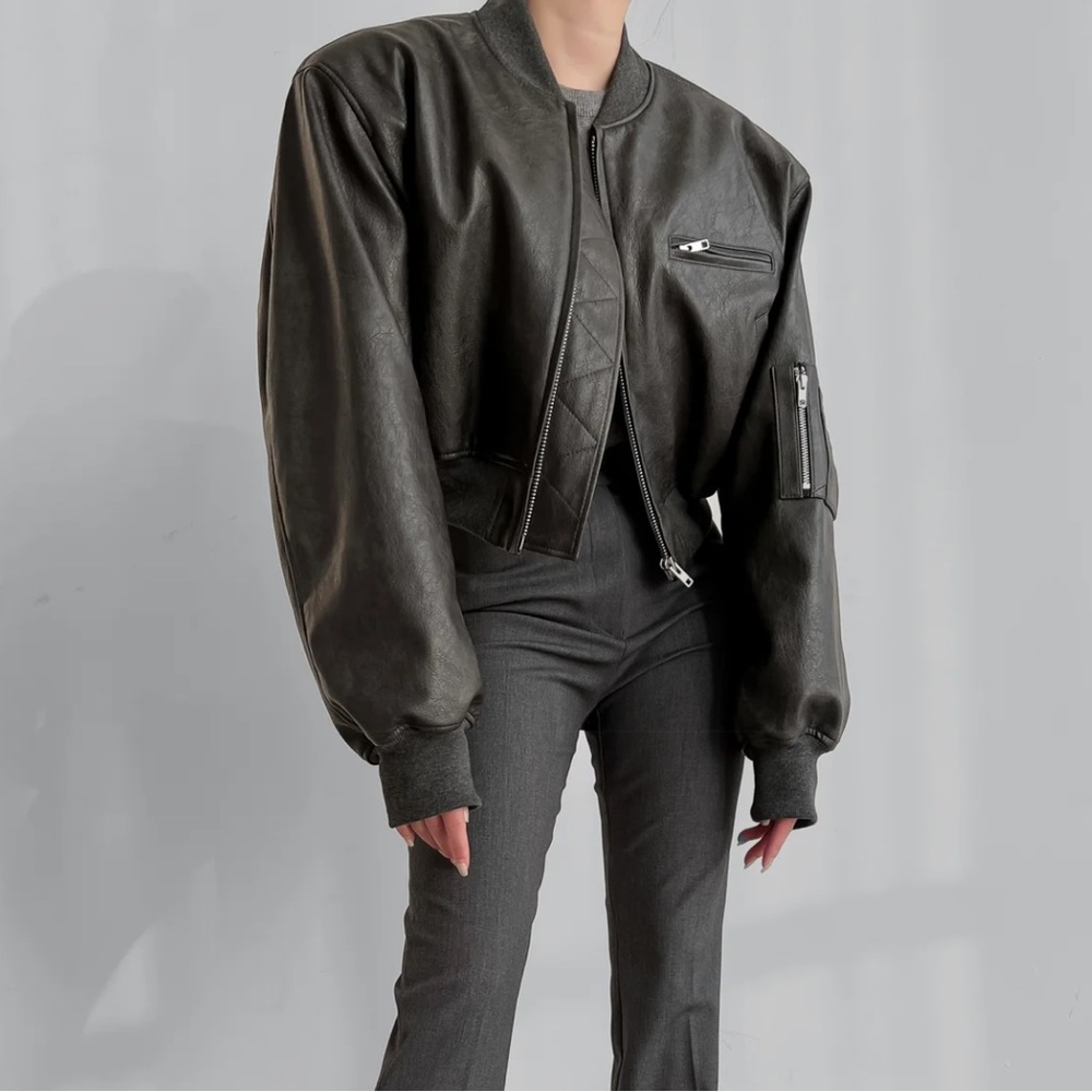 GAE FAUX LEATHER CROPPED BOMBER - CHARCOAL